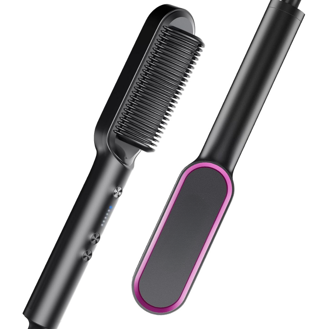 Schwarze elektrische Haarglättbürste mit lila Akzent, ideal zum schnellen Glätten und Stylen.