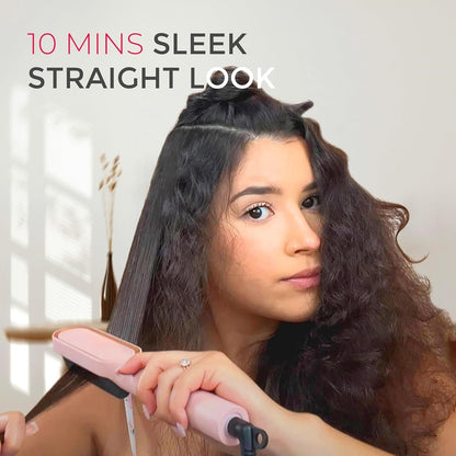 Frau glättet Haare mit rosa Haarglätter, glattes Haar, schnelles Styling, Haarpflege.