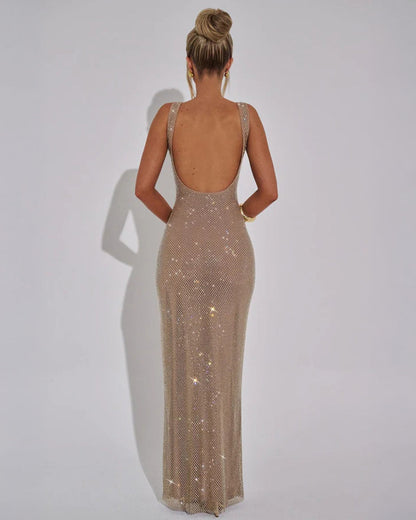 Rhinestone Square Neck Maxi Dress - Bodycon Evening Gown 4