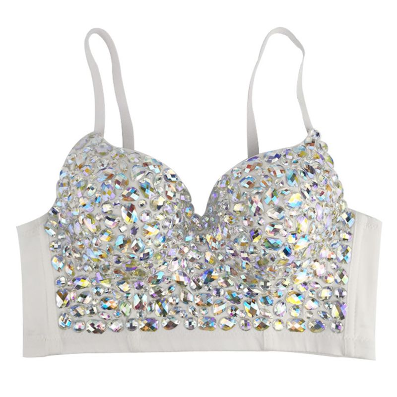 Weiße BH mit glitzernden Kristallen, Push-up, verstellbare Träger, Damenunterwäsche.