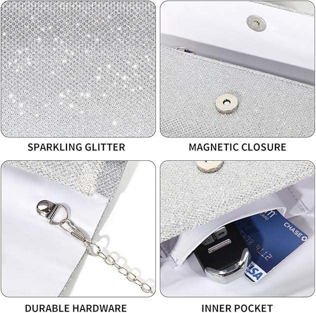 Silberne Glitzer-Clutch mit Magnetverschluss, strapazierfähiger Hardware und Innenfach.