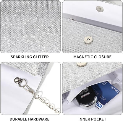 Silberne Glitzer-Clutch mit Magnetverschluss, strapazierfähiger Hardware und Innenfach.