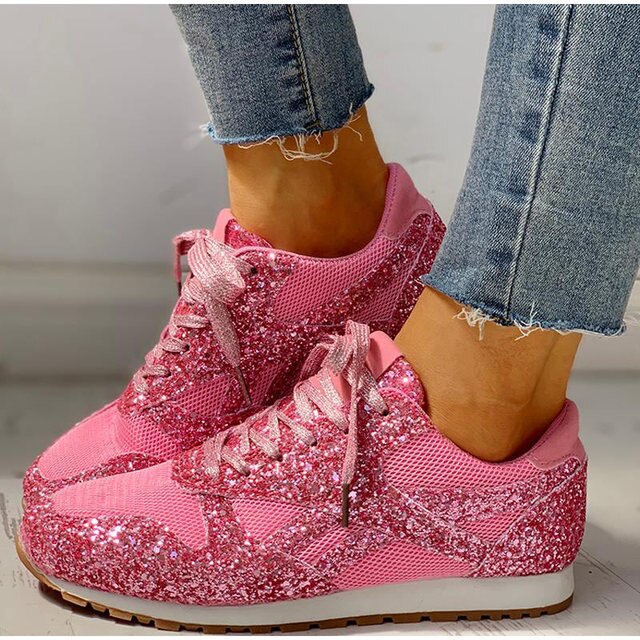 Rosa glitzernde Damen-Sneaker, Mesh, Schnürung, Plattform, lässig, bequem, modisch.