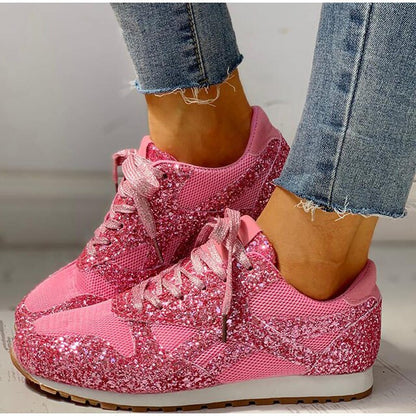 Rosa glitzernde Damen-Sneaker, Mesh, Schnürung, Plattform, lässig, bequem, modisch.