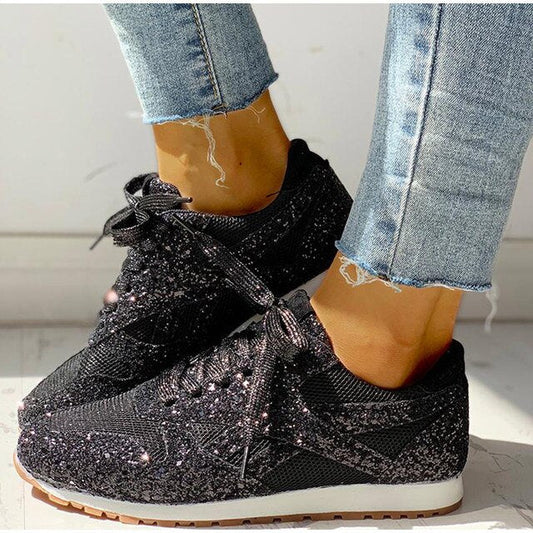 Damen Glitzer-Sneaker, schwarz, Mesh, Schnürung, Plattform, bequem, modisch, Freizeit.