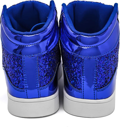 Blaue glitzernde Sneaker, hoch, glänzend, modisch, Freizeitschuhe für Damen.