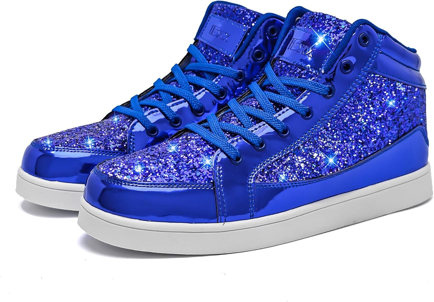 Blaue glitzernde Sneaker für Damen, modische High-Top-Schuhe, glänzend, Freizeitmode.