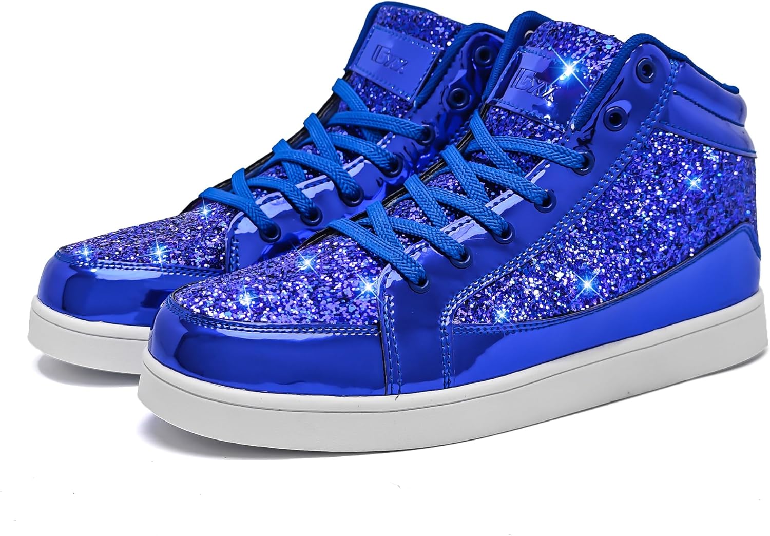 Blaue glitzernde Sneaker für Damen, modische High-Top-Schuhe, glänzend, Freizeitmode.