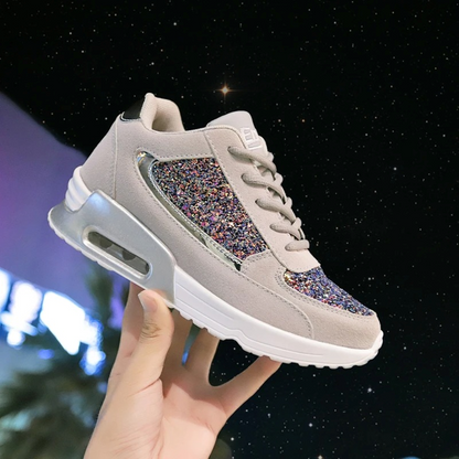 Glitzernde, atmungsaktive Damen-Sneaker, leicht, grau, mit bunten Pailletten, Freizeitschuh.