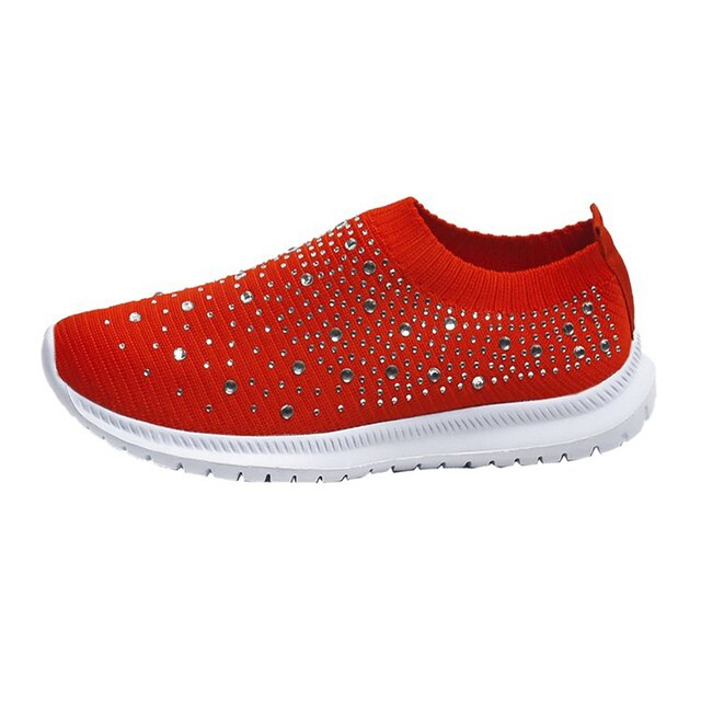 Rote Damen-Sneaker mit Strass, gestrickt, rutschfest, bequem, Freizeitschuh.