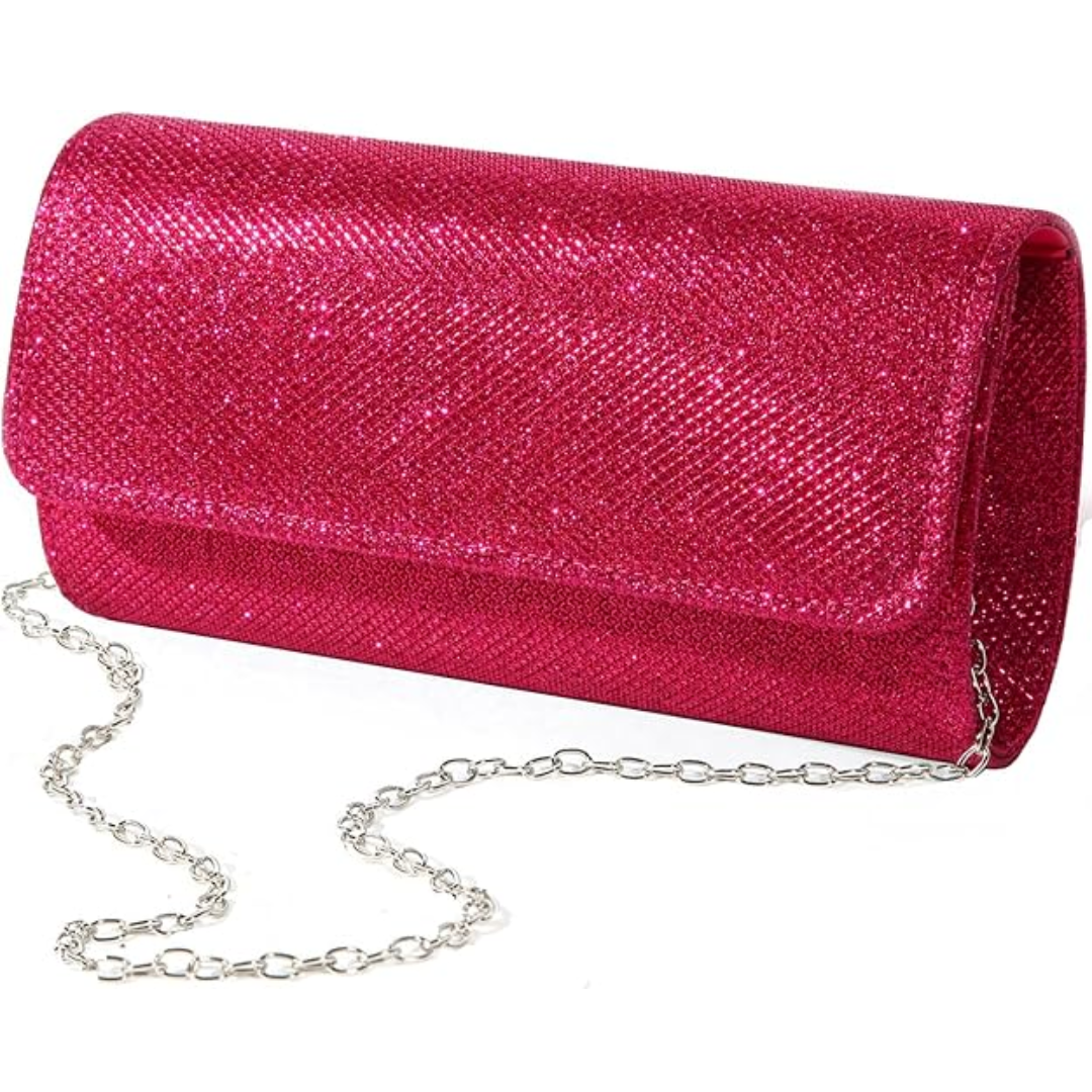 Glitzernde pinke Clutch mit silberner Kette, Abendtasche, Damenmode, elegant, Party-Accessoire.