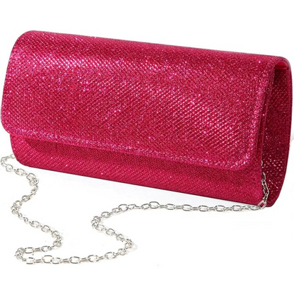 Glitzernde pinke Clutch mit silberner Kette, Abendtasche, Damenmode, elegant, Party-Accessoire.