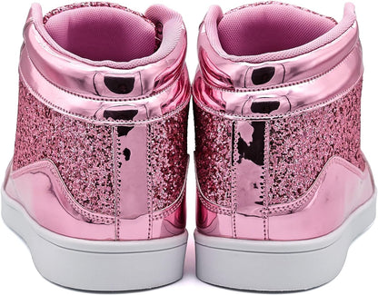 Rosa glitzernde High-Top-Sneaker für Damen, glänzend, modisch, bequem, Freizeitmode.