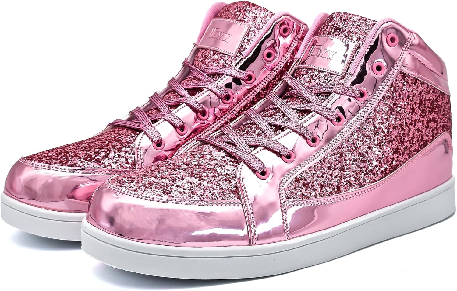 Rosa glitzernde High-Top-Sneaker, Damen, modisch, glänzend, Freizeit, Schnürschuhe.