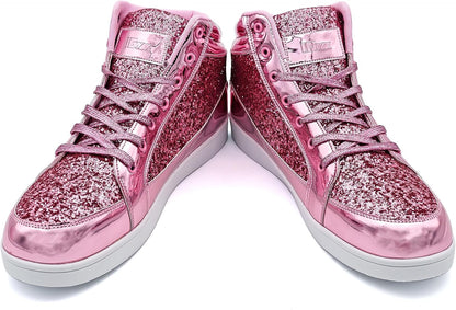 Rosa glitzernde High-Top-Sneaker, Damen, modisch, glänzend, Freizeit, Schnürschuhe.