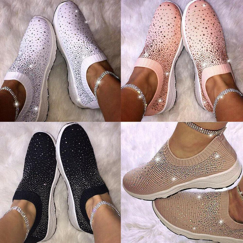 Damen Sneaker mit Strass, in Weiß, Rosa, Schwarz und Beige, modisch, bequem, rutschfest.