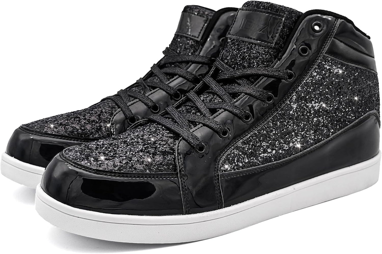Schwarze Glitzer-Sneaker, hohe Schuhe, glänzend, modisch, Freizeit, Herren, Damen.