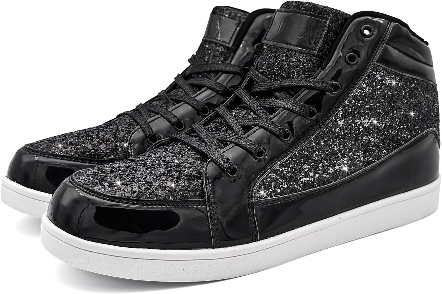 Schwarze Glitzer-Sneaker, hohe Schuhe, glänzend, modisch, Freizeit, Herren, Damen.