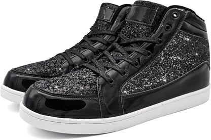 Schwarze Glitzer-Sneaker, hohe Schuhe, glänzend, modisch, Freizeit, Herren, Damen.