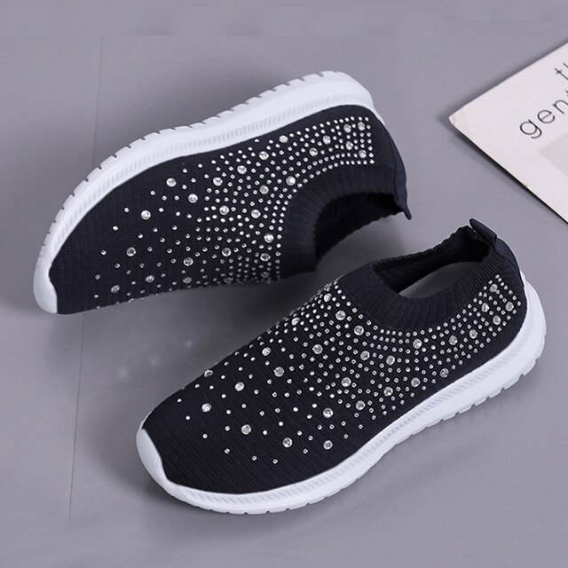 Schwarze Damen-Sneaker mit Kristallen, rutschfest, atmungsaktiv, Strickmaterial, Freizeitschuh.