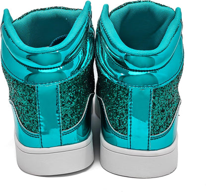 Türkis glänzende Sneaker mit Glitzer, hohe Absätze, modische Damen-Sportschuhe, Rückansicht.