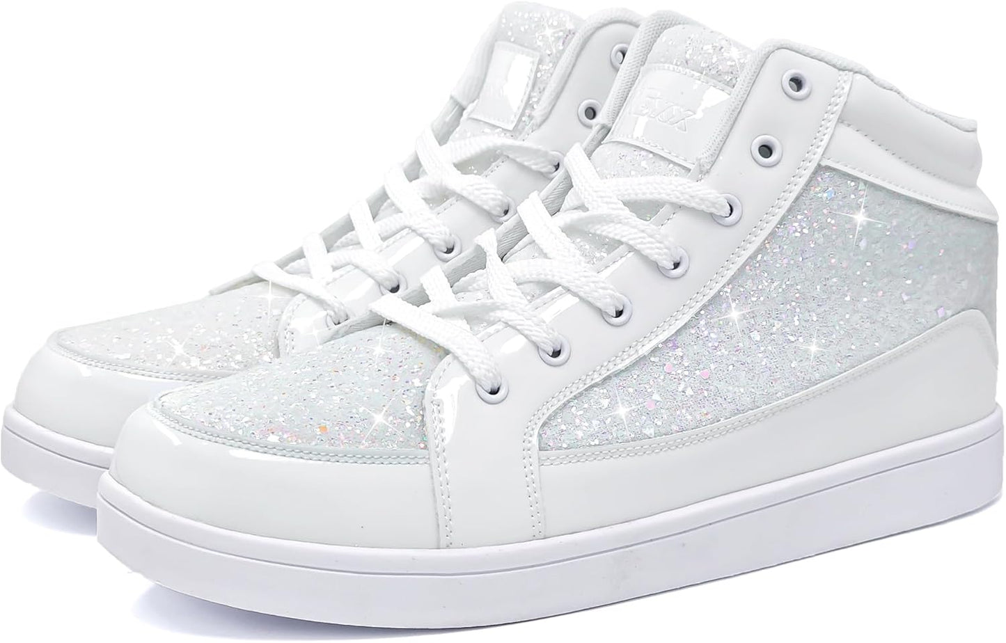 Weiße glitzernde High-Top-Sneaker, Damen, modisch, bequem, Freizeit, Schnürschuhe.
