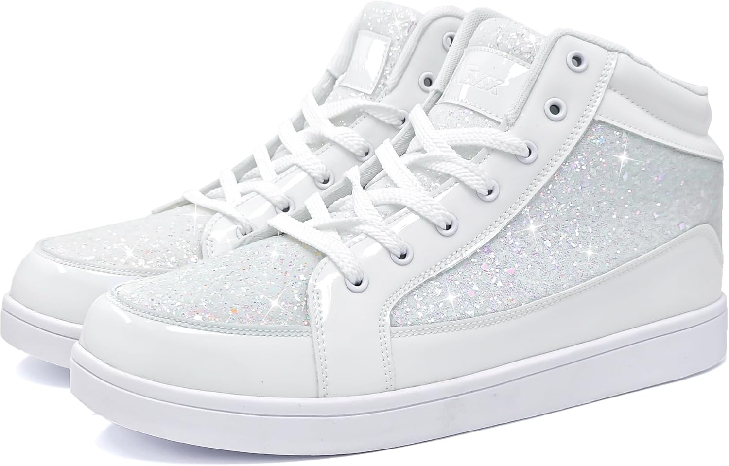 Weiße glitzernde High-Top-Sneaker, Damen, modisch, bequem, Freizeit, Schnürschuhe.