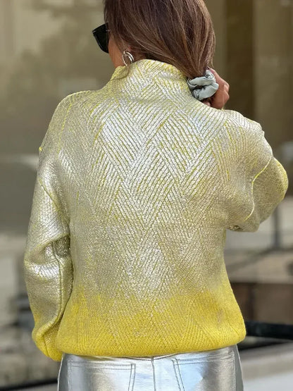 Funkelnder Strickpullover Damen, gelb-silber, hoher Kragen, lange Ärmel, modisch, elegant.