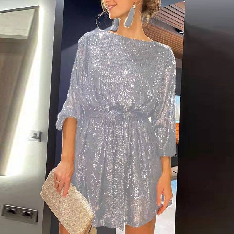 Funkelndes silbernes Paillettenkleid, Mini, mit Gürtel, elegantes Partykleid für Damen.