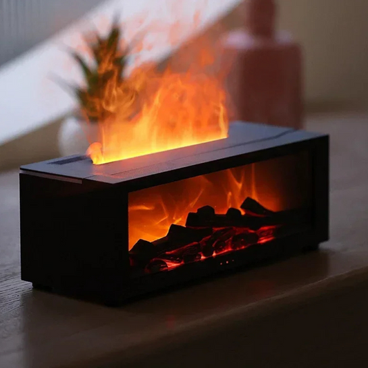 Schwarzer Aroma-Diffuser mit Flammeneffekt, LED-Beleuchtung, modernem Design, Tischdekoration.
