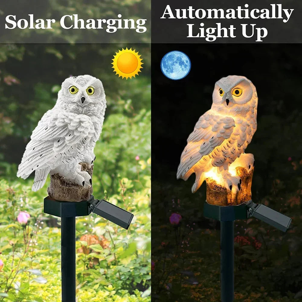 Delad bild som visar ugglelampan på dagen vid laddning och lysande på natten, med sol- och månsymboler. 5