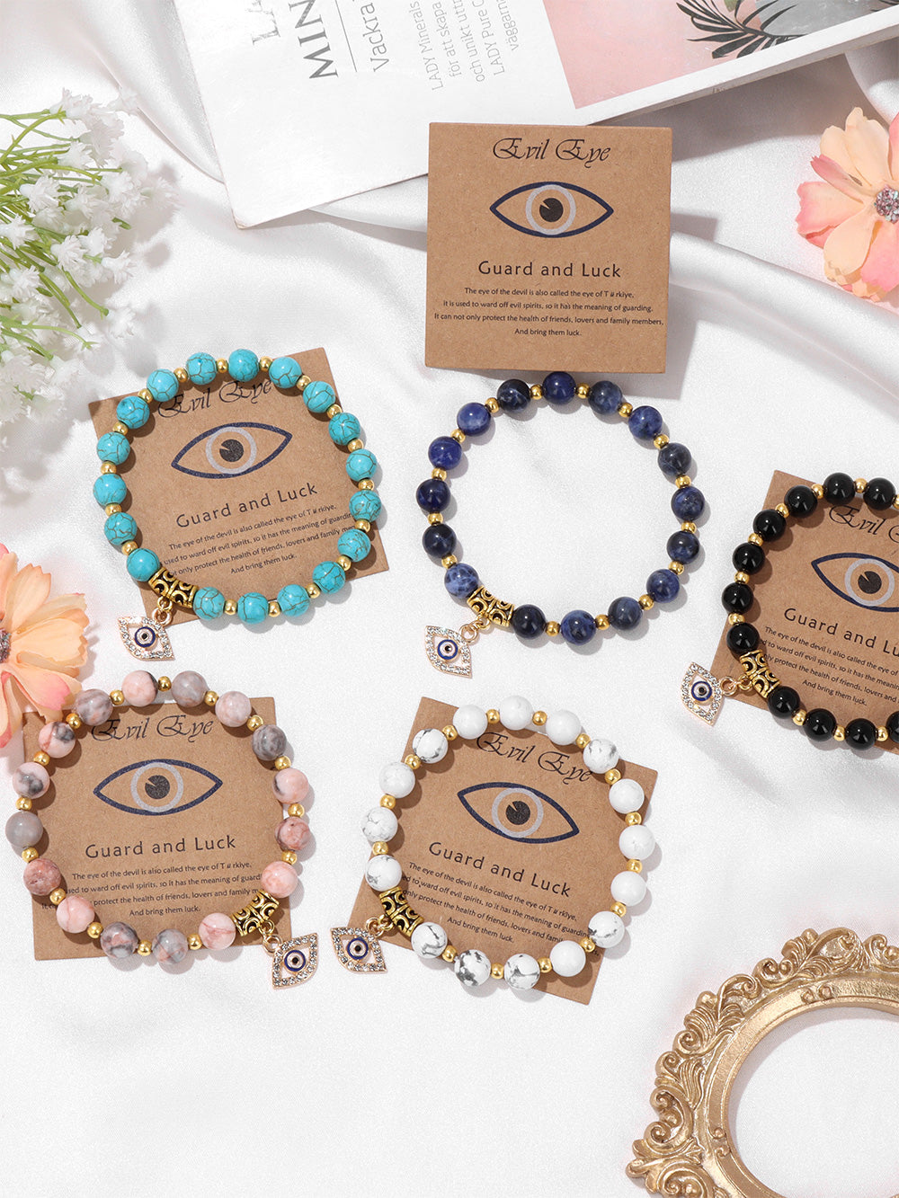 Armband mit türkischem Auge, Natursteinperlen, Glücksbringer, verschiedene Farben, Geschenkidee.