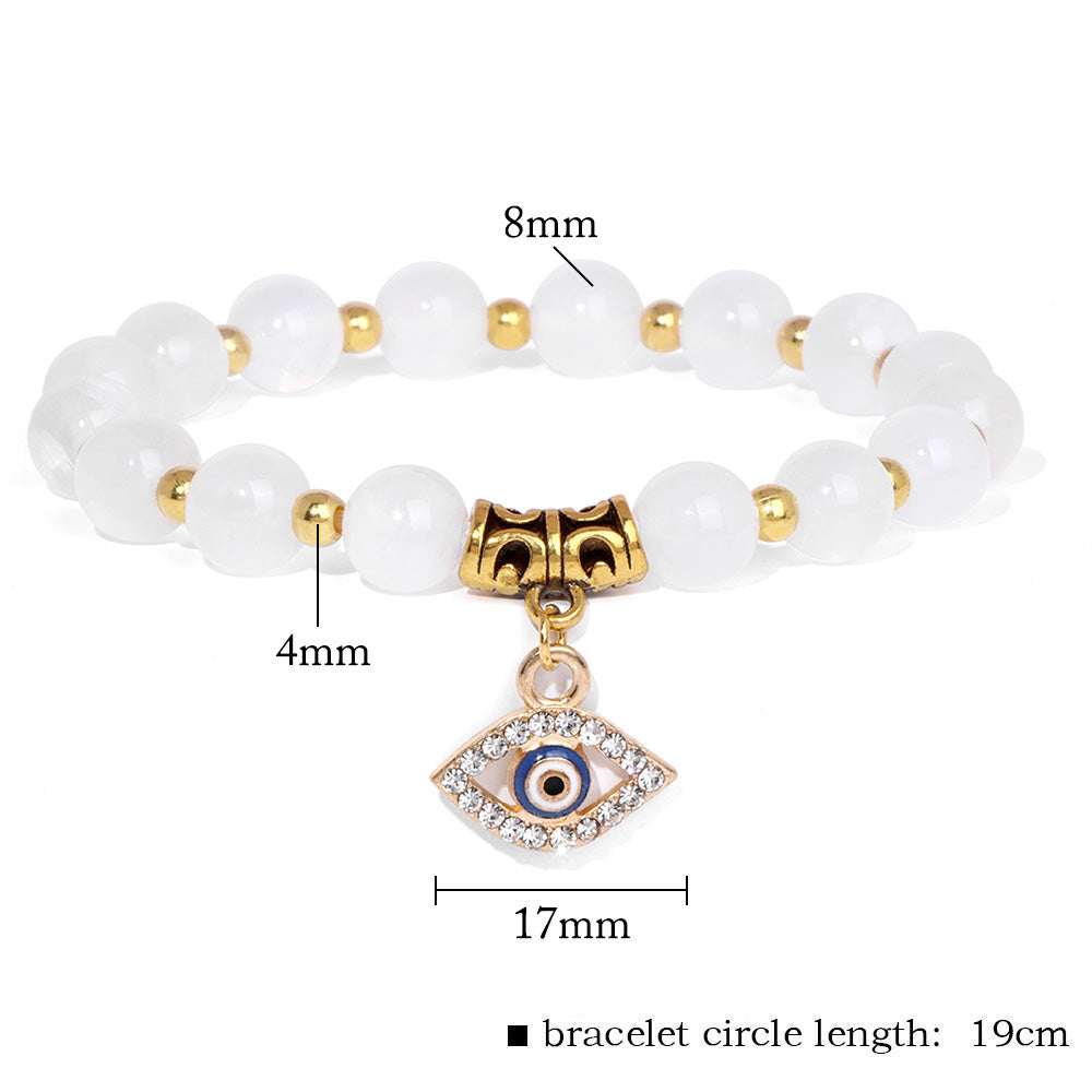 Weißes Perlenarmband mit türkischem Auge Anhänger, Naturstein, 19cm, Glücksbringer Schmuck.