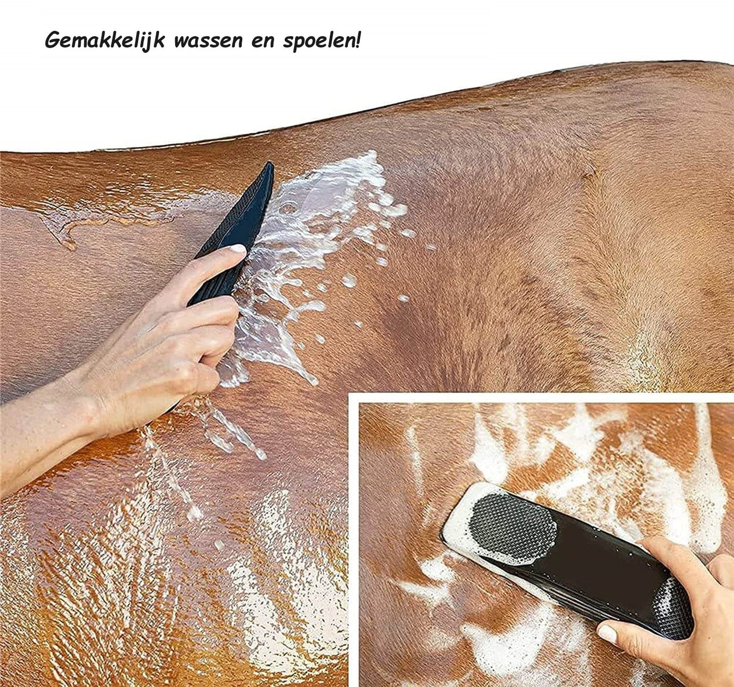 Handschaber für Pferdepflege, schwarz, Kunststoff, zum Waschen und Spülen von Pferden.