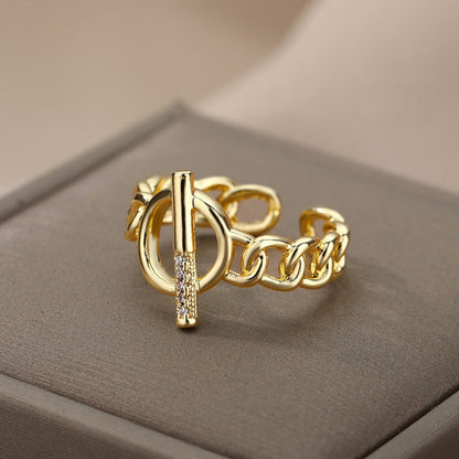 Goldener Kettenring mit Zirkonia, verstellbar, modisches Schmuckstück für Damen.