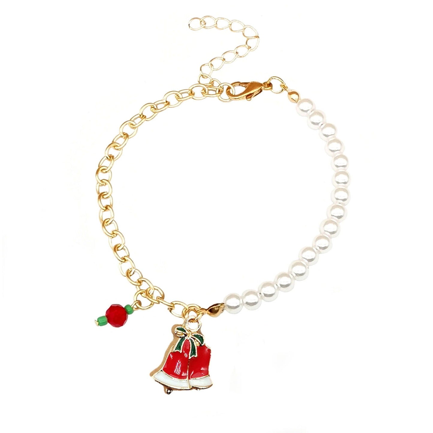 Goldenes Armband mit Perlen, rotem Weihnachtsglocken-Anhänger, festlicher Schmuck.