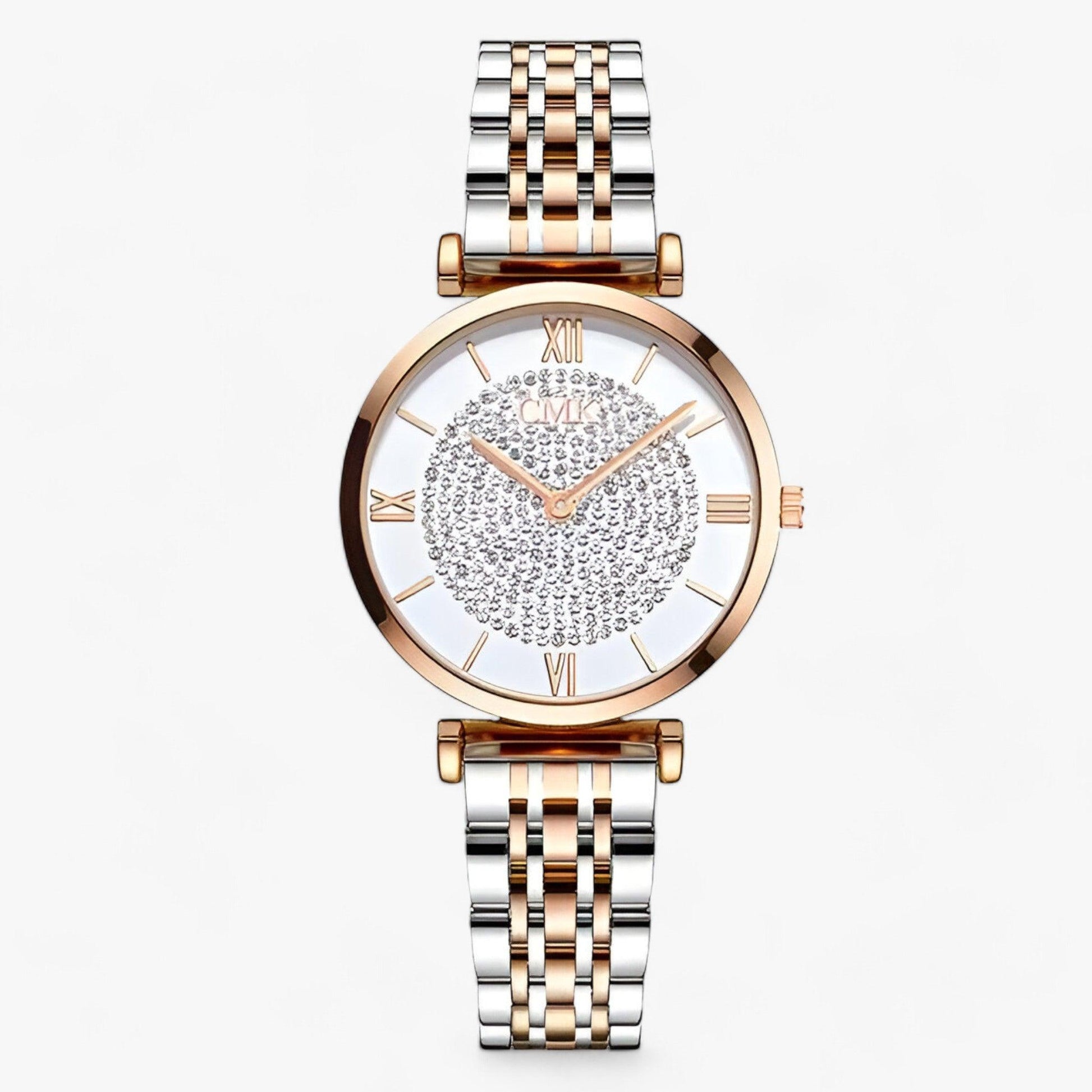 Luxus-Damenarmbanduhr, zweifarbig, Edelstahl, Strass, römische Ziffern, elegantes Design.