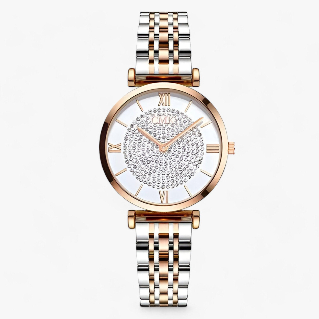 Luxus-Damenarmbanduhr, zweifarbig, Edelstahl, römische Ziffern, Strass, modisch, elegant