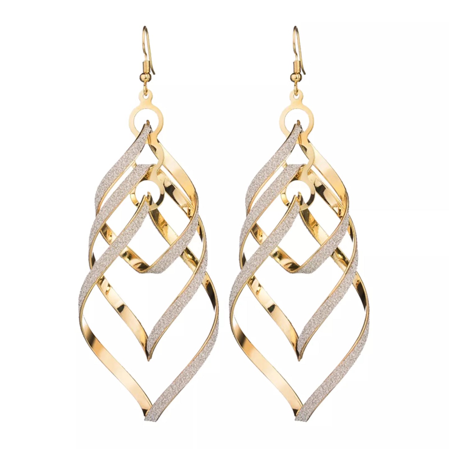 Goldene und silberne Hängeohrringe, spiralförmig, elegantes Schmuckdesign.