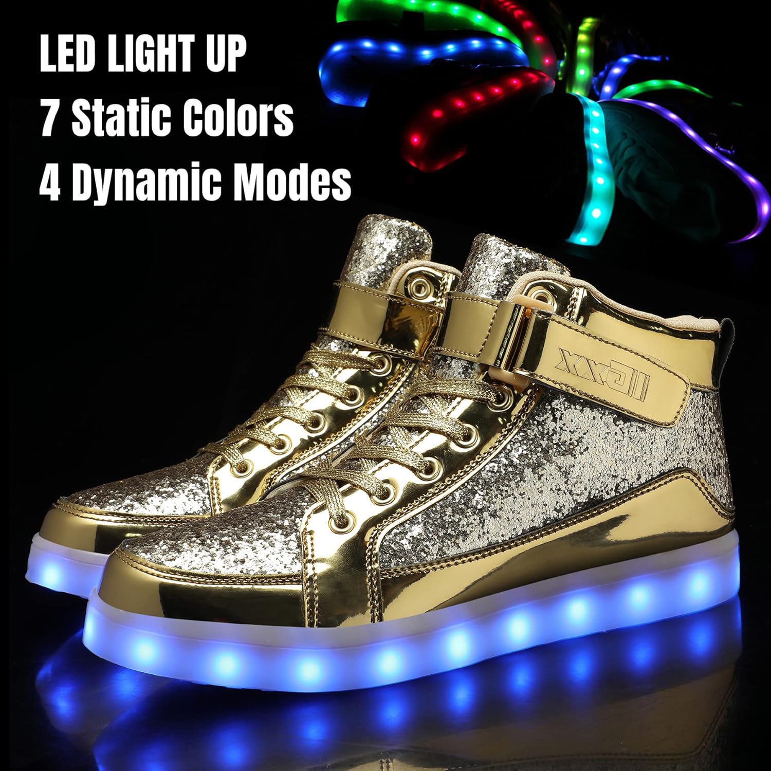 Goldene LED-Sneaker mit Leuchteffekt, 7 Farben, 4 Modi, modische Schuhe für Kinder.
