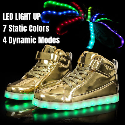 Goldene LED-Sneaker mit leuchtender Sohle, 7 Farben, 4 Modi, modische Schuhe für Partys.