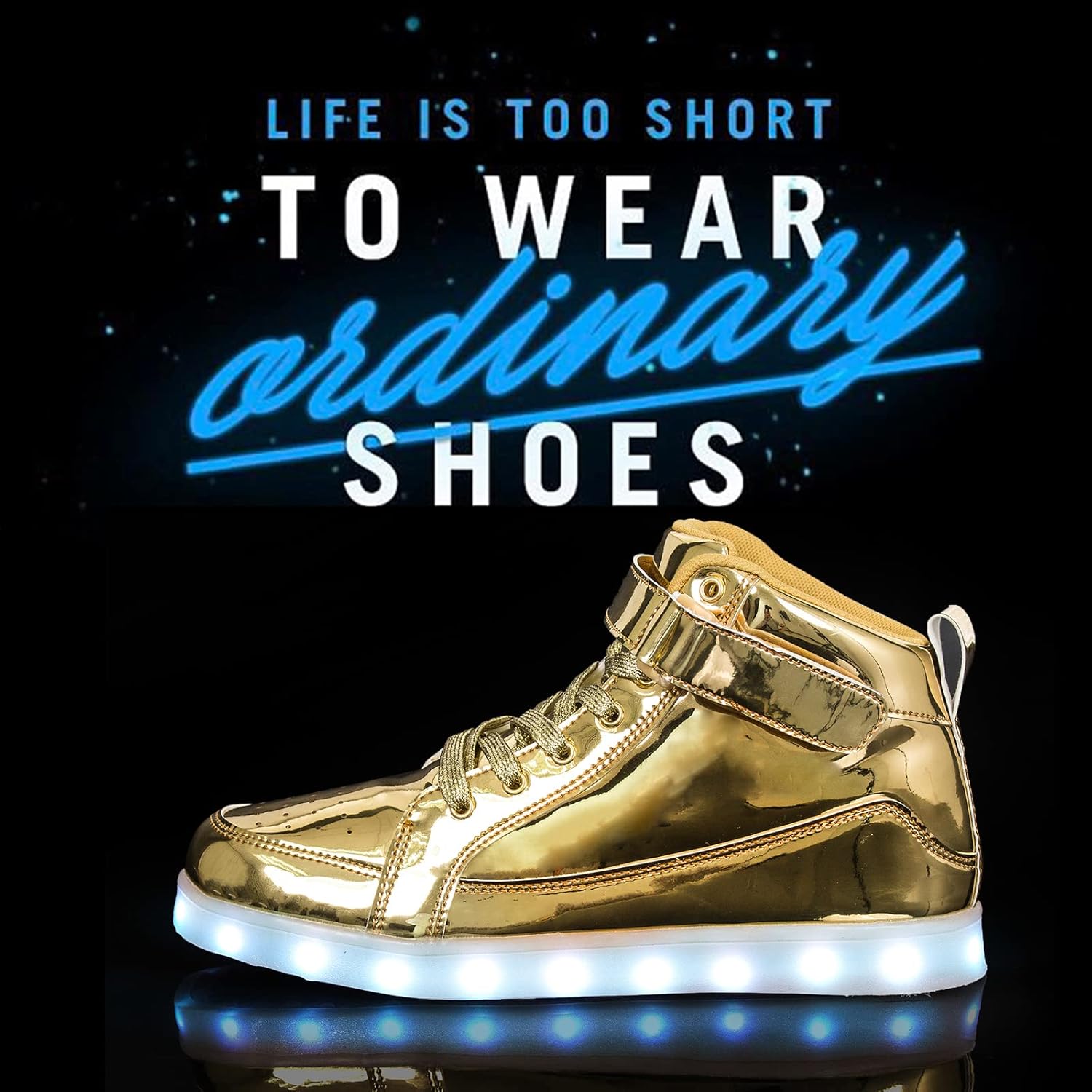 Goldene LED-Sneaker mit leuchtender Sohle, modisch, auffällig, für Partys und Events.