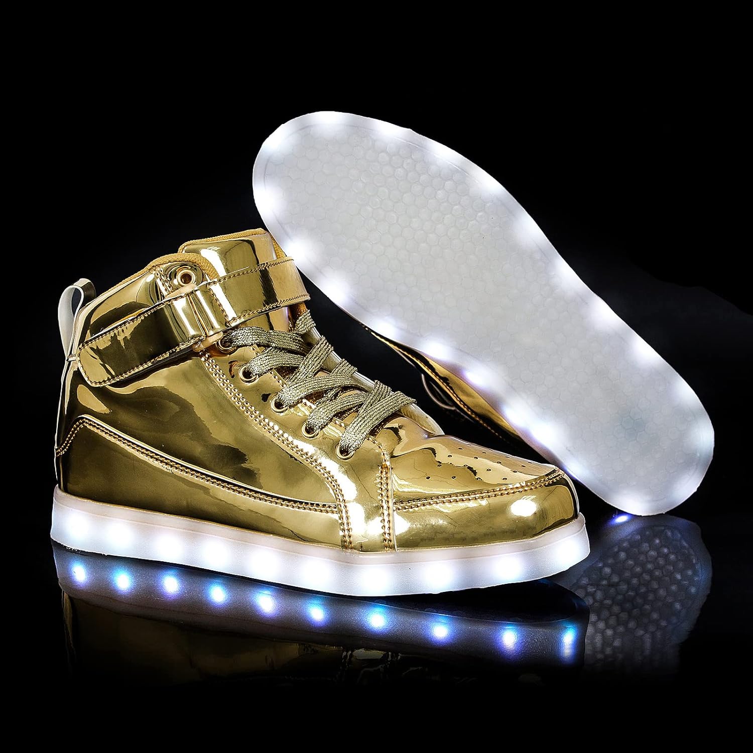 Goldene LED-Sneaker, glänzend, mit leuchtender Sohle, modische Schuhe für Partys und Events.