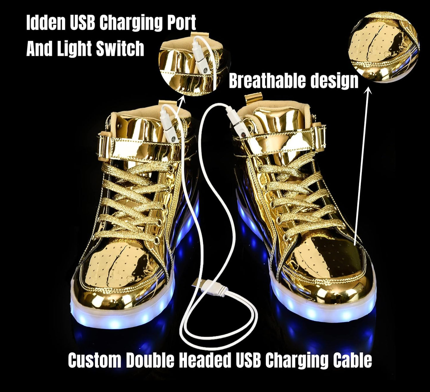 Goldene LED-Sneaker mit USB-Ladeanschluss, atmungsaktivem Design, leuchtende Sohlen.