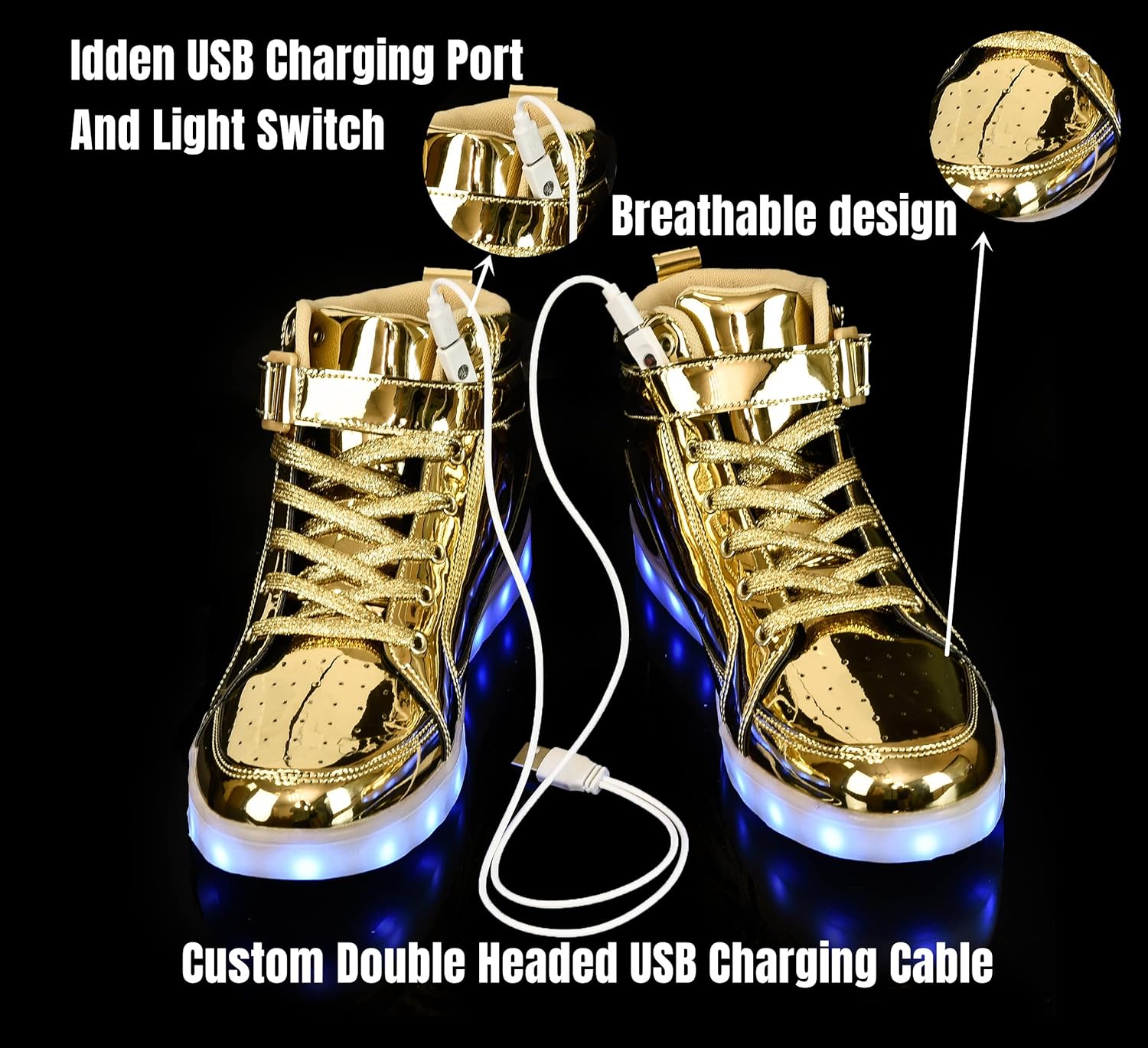 Goldene LED-Sneaker mit USB-Ladeanschluss, atmungsaktivem Design, leuchtende Sohlen.