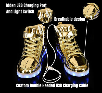 Goldene LED-Sneaker mit USB-Ladeanschluss, atmungsaktivem Design, leuchtende Sohlen.