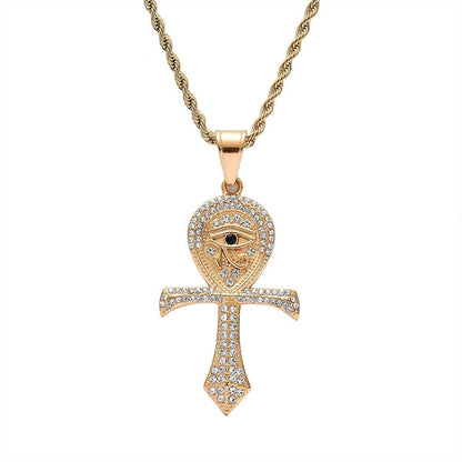 Goldene Ankh-Halskette mit Strasssteinen, ägyptisches Kreuz, modisches Schmuckstück.