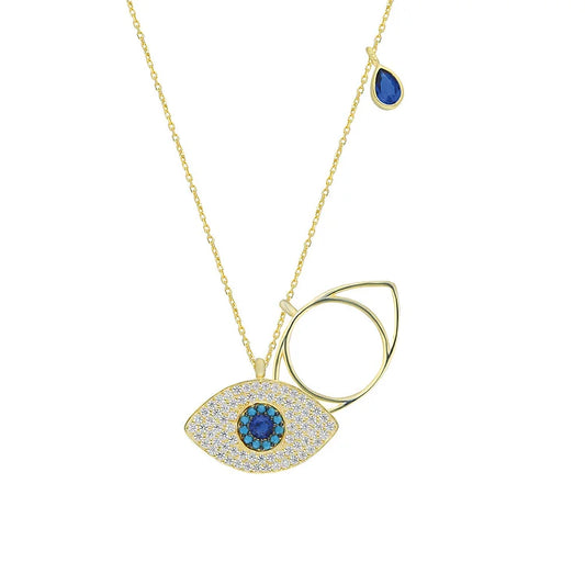 Goldene Halskette mit blauem Auge-Anhänger, Zirkonia-Steinen, modisches Schmuckdesign.