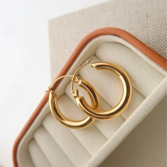 Goldene Creolen Ohrringe auf Schmuckschatulle, elegantes Design, modische Accessoires.