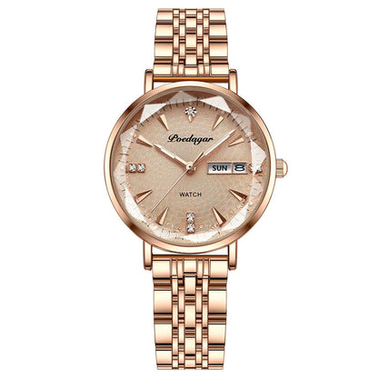 Luxus-Damenarmbanduhr in Roségold mit Datumsanzeige, Edelstahlarmband, elegantes Design.